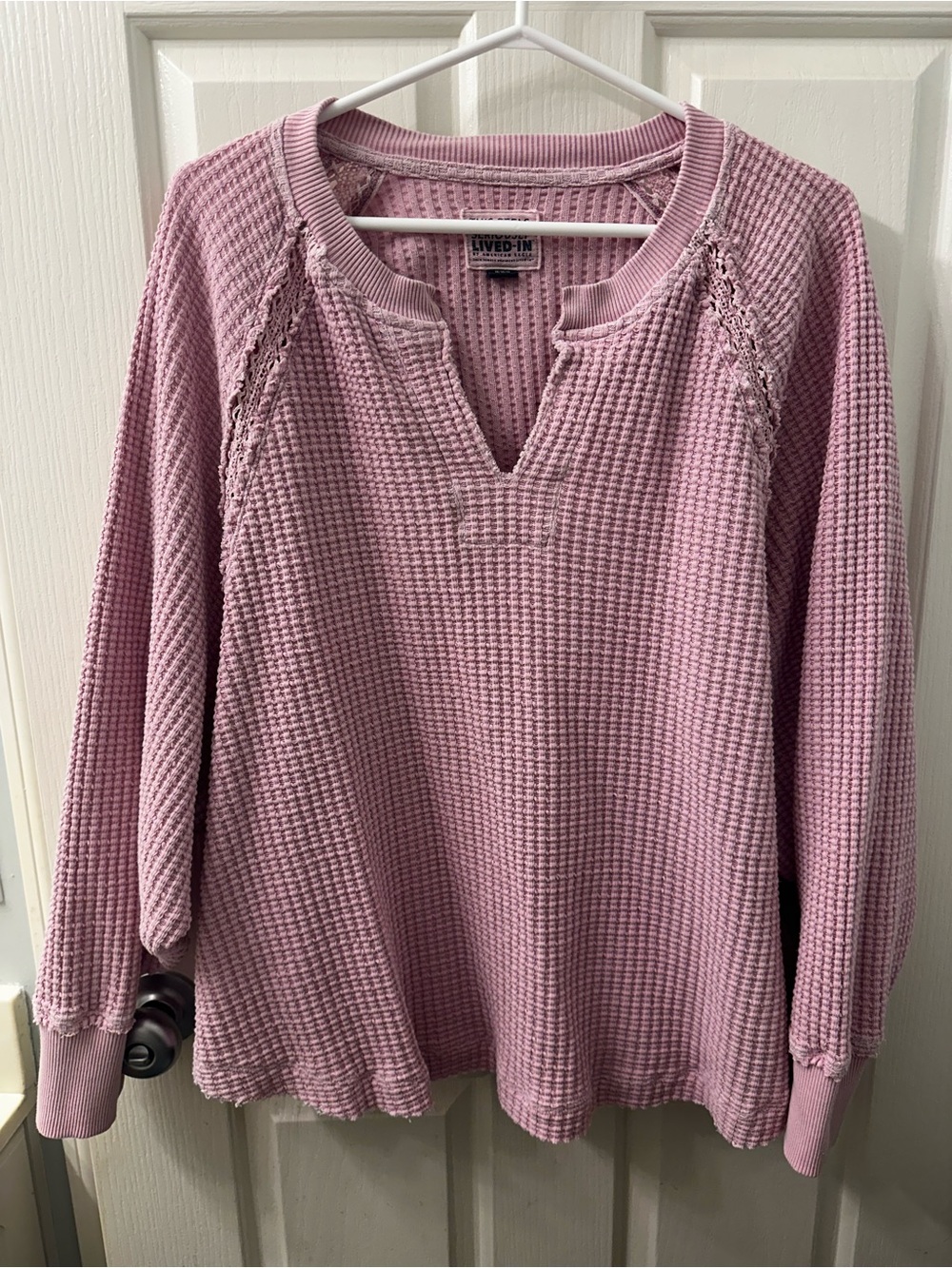 American Eagle Outfitters Pink Waffle-Knit Notch Neck Sweatshirt